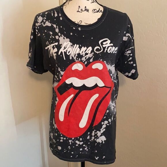 Other - Black Bleached Distressed Acid Wash The Rolling Stones Lip Graphic Shirt